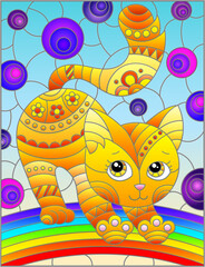 Obraz na płótnie Canvas Illustration in stained glass style with abstract cute red cat on a sky background with rainbow 