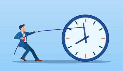 Fototapeta na wymiar Stop time concept. Business metaphor. Businessman trying to slow down and stop time. Deadline. Time management. Vector illustration in flat style.