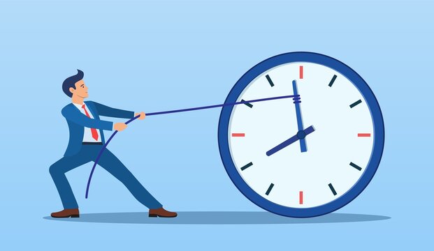 Stop time concept. Business metaphor. Businessman trying to slow down and stop time. Deadline. Time management. Vector illustration in flat style.