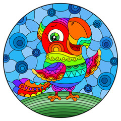 Illustration in stained glass style with abstract cute  rainbow  parakeet on a sky background 