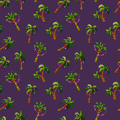 Seamless pattern with New Year's palms. Exotic New Year. Palm trees decorated with flags, garlands, stars and bows.