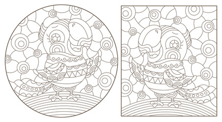 Set of outline illustrations in the style of stained glass with abstract parakeets , dark outlines on white background