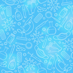 Seamless pattern on the theme of medicine and diseases, medical equipment and viruses, light contour icons on a blue background