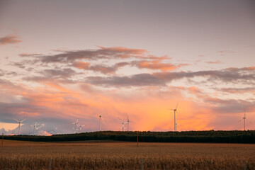 Obraz premium Sunset over windmills. Innovative energy creator for electric power production.