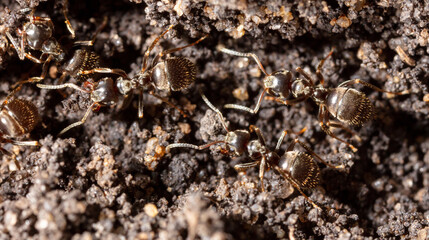Ants crawl on the ground.