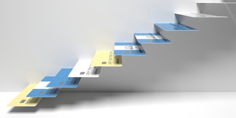 National flag of Guatemala on credit cards as stairs of a staircase. Financial upward trend conceptual 3D rendering