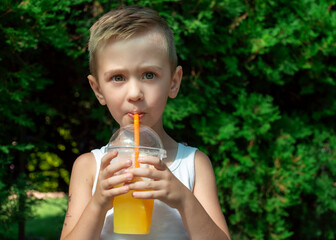 Cute little boy with blonde hair drinking lemonade outdoor. Summer healthy lemonade, cocktails of citrus infused water with orange, ice and mint