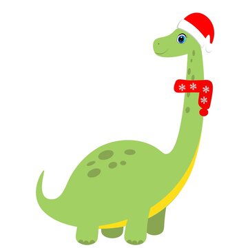 Cute dinosaur in santa claus hat illustration, christmas vector	