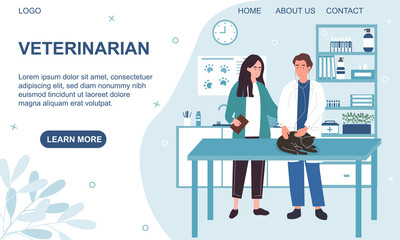 Concept of animal care. Alarmed owner of the animal watching as the veterinarian examining her sick black cat in his office. Flat vector illustration, Web page template
