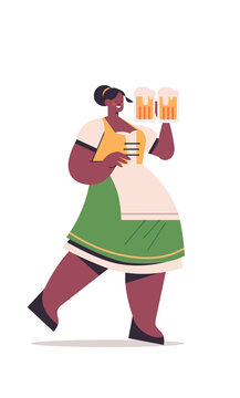 girl waitress holding beer mugs Oktoberfest party concept african american woman in german traditional clothes having fun full length isolated vertical vector illustration