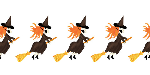 Witch Halloween 2020 seamless repeating border. Witch wearing a face mask riding on a broom. Social distancing design for flyer, greeting card, social media post, footer, kids Halloween decoration