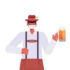 man in medical mask holding beer mug Oktoberfest party celebration coronavirus quarantine concept guy in german traditional clothes portrait vector illustration