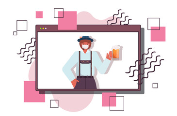 man in medical mask holding beer mug Oktoberfest party celebration coronavirus quarantine concept web browser window online communication horizontal portrait vector illustration