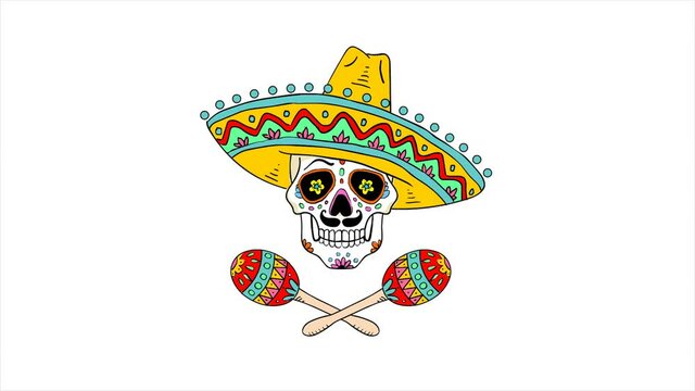 A painted skull with a Mexican hat. The day of the Dead. Tradition and culture. Dancing maracas. Musical performance. Halloween holiday. Horror and fear. Graphic design element.