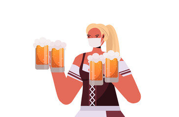 woman in medical mask holding beer mugs Oktoberfest party celebration coronavirus quarantine concept girl in german traditional clothes portrait horizontal vector illustration