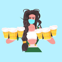 woman in medical mask holding beer mugs Oktoberfest party celebration coronavirus quarantine concept girl in german traditional clothes portrait vector illustration