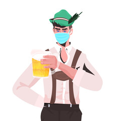 man in medical mask holding beer mug Oktoberfest party celebration coronavirus quarantine concept guy in german traditional clothes portrait vector illustration