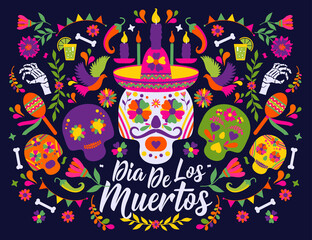 Dias de los Muertos typography banner vector. In English Feast of death. Mexico design for fiesta cards or party invitation, poster. Flowers traditional mexican frame with floral letters on dark
