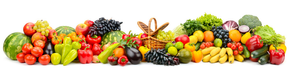Wide panoramic composition of ripe, juicy fruits, berries and vegetables isolated on white