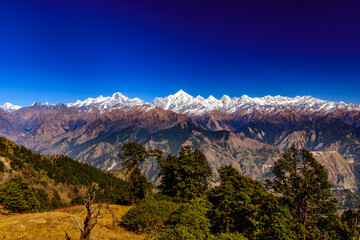Mesmerizing view of Snow cladded Panchchuli peaks falls in great Himalayan mountain range and alpine grass meadows at small hamlet Munsiyari, Kumaon region, Uttarakhand, India.