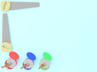 3D rendering, Green bucket , red bucket and blue bucket with paint brush and 2 saws on light blue background  , 3D illustration
