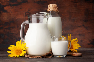 Milk in glass, bottle and jug