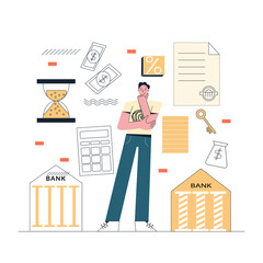 Business concept. Male character chooses banks with a good mortgage. Man is thinking of taking a mortgage to buy a real estate. Bank loan symbols. Flat vector illustration isolated on white background