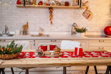 Obraz na płótnie Canvas Merry Christmas! Interior decorated kitchen with Christmas decor