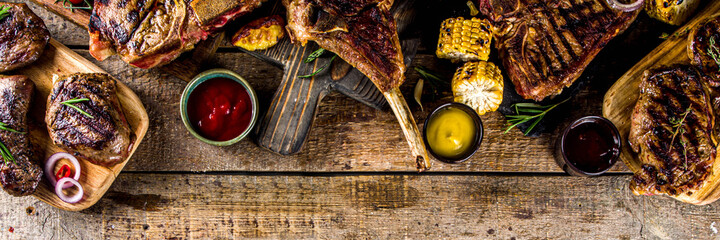 Set of various grilled bbq meat - obrazy, fototapety, plakaty