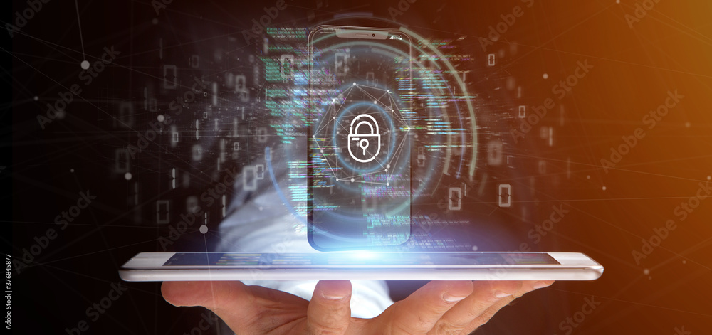 Poster businessman holding security data and smartphone security - 3d rendering