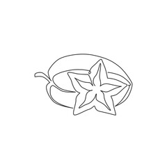 One single line drawing of whole healthy organic for starfruits orchard logo identity. Fresh star fruit concept for garden icon. Modern continuous line draw design vector graphic illustration