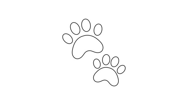 Black line Paw print icon isolated on white background. Dog or cat paw print. Animal track. 4K Video motion graphic animation.