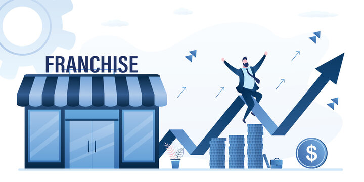 Happy and successful businessman sitting on growth graph arrow. Finance profit, business opened by franchise.