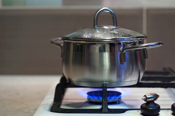 A meal is cooked in a stainless steel pan with a glass lid on a gas stove.