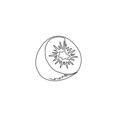 One single line drawing half sliced healthy organic kiwi for orchard logo identity. Fresh exotic fruitage concept for fruit garden icon. Modern continuous line draw design vector graphic illustration