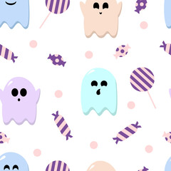 Halloween Pattern. Seamless pattern with ghosts and sweets.