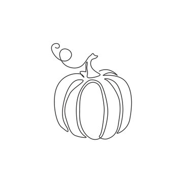 Single continuous line drawing of whole big round healthy organic pumpkin for orchard logo identity. Fresh fall fruitage concept for fruit garden icon. Modern one line draw design vector illustration