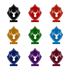 Deer head on wooden board icon, color set