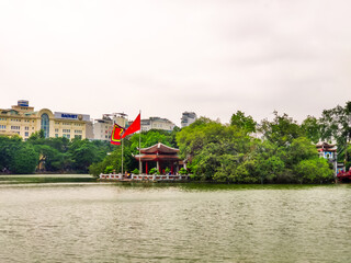 Fototapeta na wymiar Pagodas by the lake in Hanoi in Vietnam