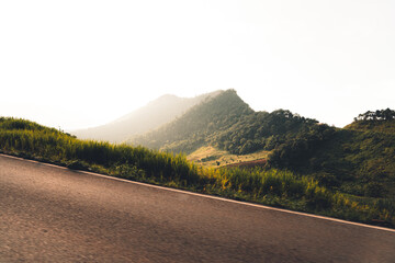 Road and mountain views when driving a motorcycle