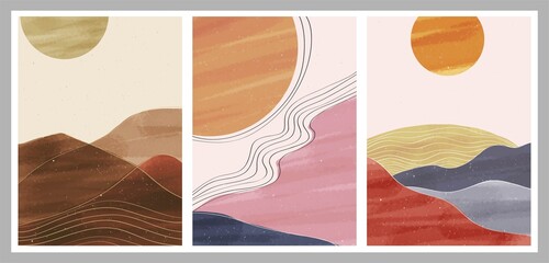 Mid century modern minimalist art print. Abstract contemporary aesthetic backgrounds landscapes set with Sun, Moon, sea, mountains. vector illustrations