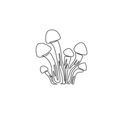 Single continuous line drawing of whole healthy organic mushrooms for farm logo identity. Fresh toadstool concept for vegetable icon. Modern one line draw design vector graphic illustration