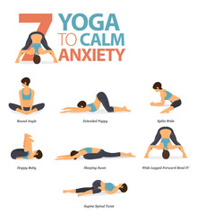 7 Yoga poses to calm anxiety concept. Women exercising for body stretching. Yoga posture or asana for fitness infographic. Flat cartoon vector.