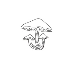 One continuous line drawing of whole healthy organic mushrooms for farm logo identity. Fresh toadstool concept for vegetable icon. Modern single line draw graphic design vector illustration