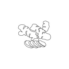 One continuous line drawing healthy organic ginger for farm logo identity. Fresh flowering plant rhizome concept herbaceous perennial icon. Modern single line draw design vector graphic illustration