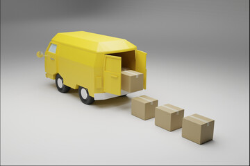 Van unload parcel to deliver, 3d render