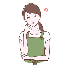 エプロンを着た若い女性　疑問ポーズ　イラスト
