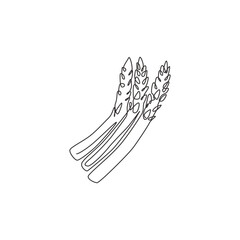 One continuous line drawing of whole healthy organic asparagus for garden logo identity. Fresh sparrow grass concept for vegetable icon. Modern single line draw design vector graphic illustration
