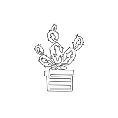 One continuous line drawing of cute potted tropical prickly cactus plant. Printable decorative houseplant concept for home decor wallpaper ornament. Modern single line draw design vector illustration