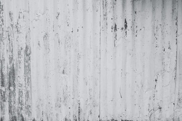 Galvanized sheet painted with white color. Empty white wall texture background. Peeling paint on white wall. Distorted striped gray galvanized sheet. Empty white and gray background for minimal life.